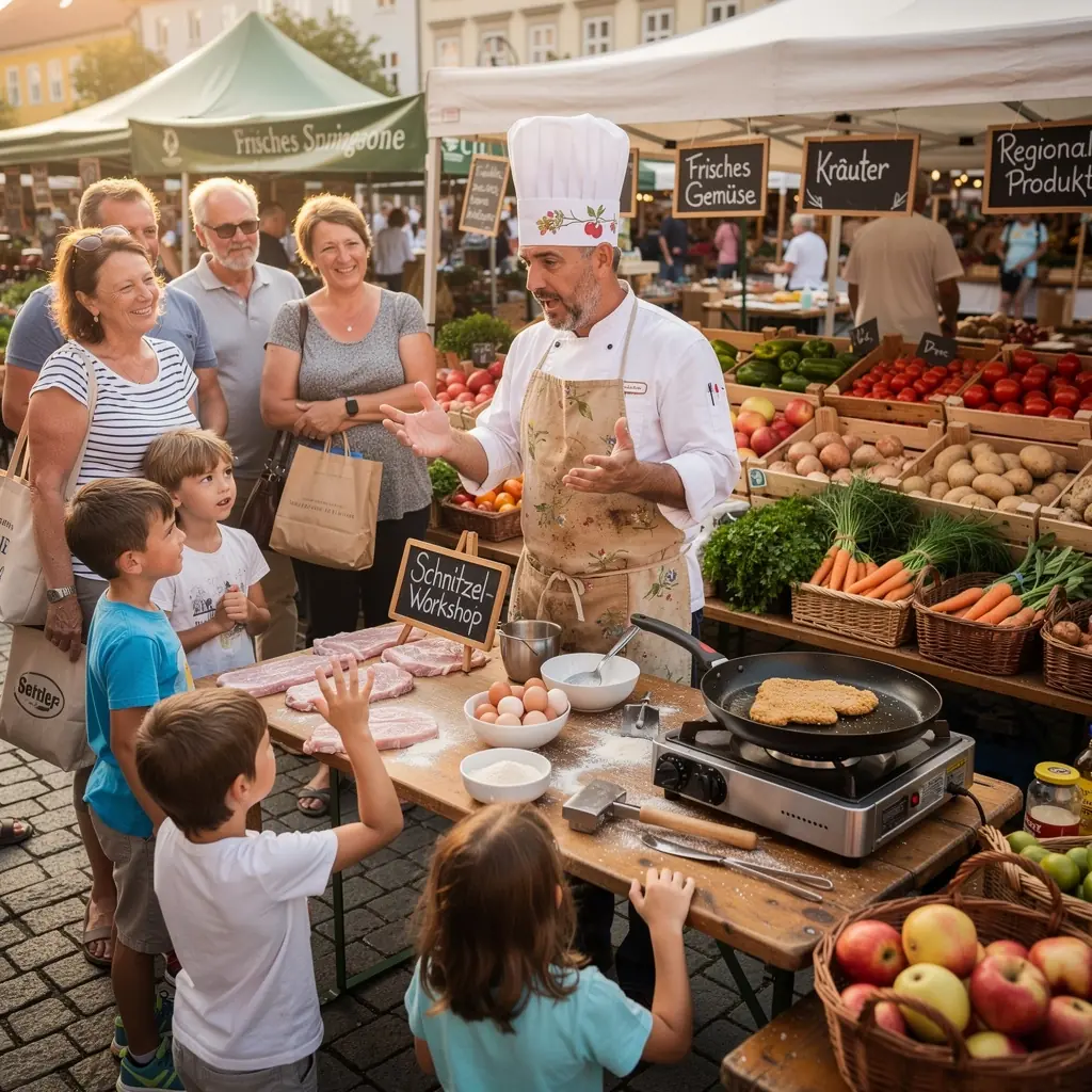 Kochutensilien und Zutaten für die Schnitzelzubereitung auf einem Tisch.