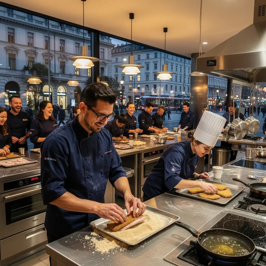 Eine Auswahl an Zutaten für die Zubereitung eines Schnitzels, darunter Fleisch und Gewürze.
