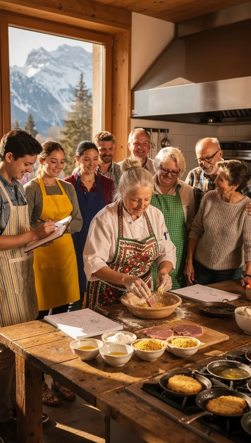 Ein Teilnehmer des Kurses, der mit Begeisterung sein Schnitzel paniert.