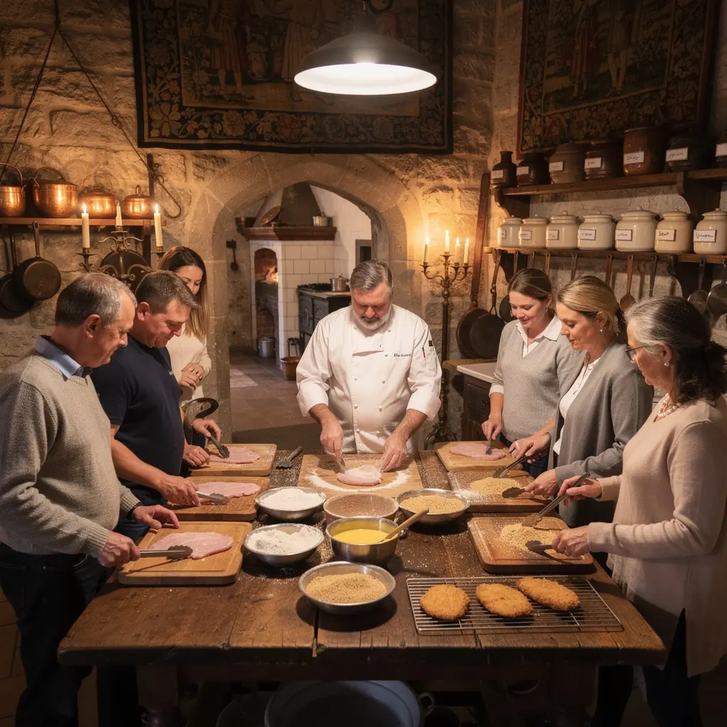 Ein Koch, der ein paniertes Schnitzel in einer heiГџen Pfanne brГ¤t.