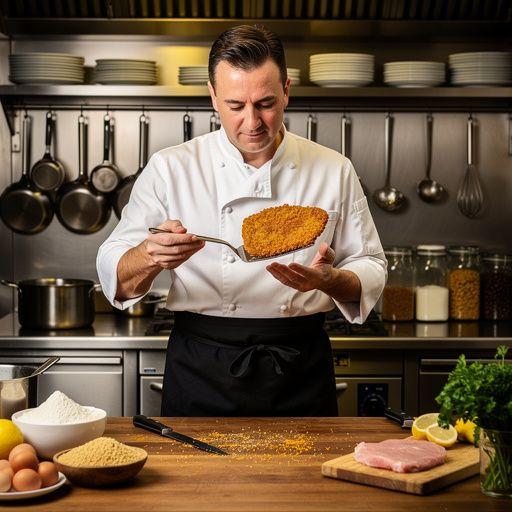 Das Schnitzel brät goldbraun in einer Pfanne mit heißem Öl.