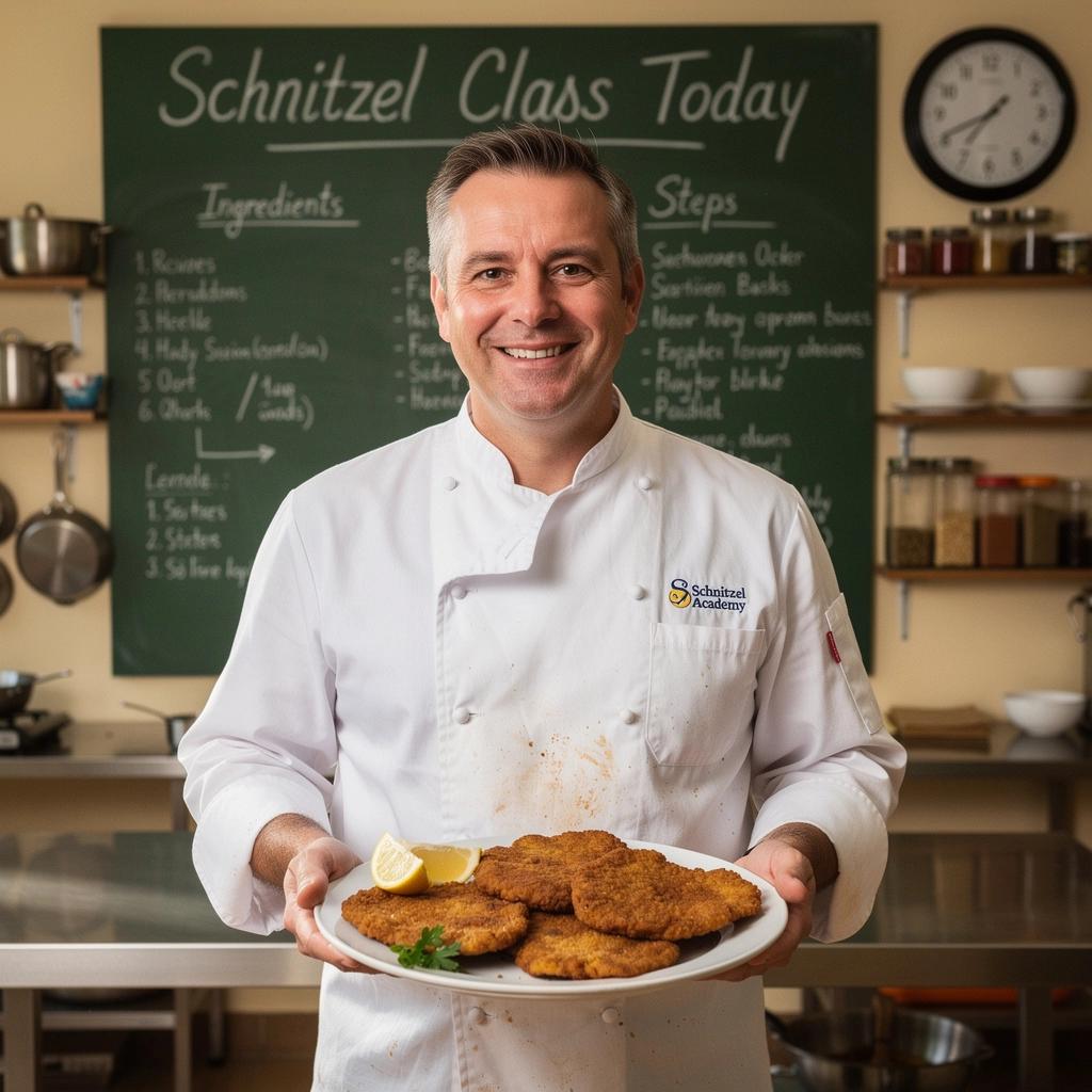 Ein Teilnehmer des Kurses übt das Wenden des Schnitzels in der Pfanne.